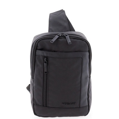 Mochila preta pequena com bolso frontal e alça de ombro simples