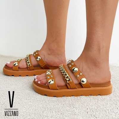 Sandálias castanhas com tachas douradas e corrente, sola espessa, logotipo VIZZANO