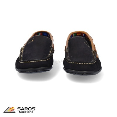 Mocassins pretos em camurça com detalhes castanhos e costura branca