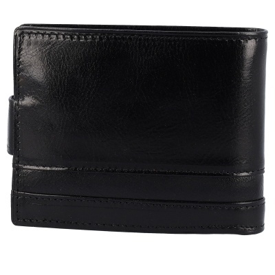 Carteira masculina de couro preto com acabamento brilhante e costuras visíveis