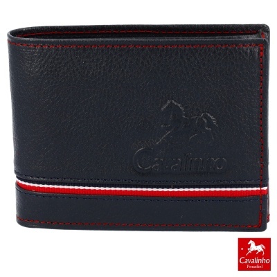 Carteira masculina preta em pele com costuras vermelhas e faixa colorida