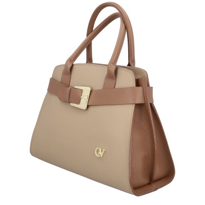 Mala de mão bicolor bege e castanho com fivela dourada e logótipo CV