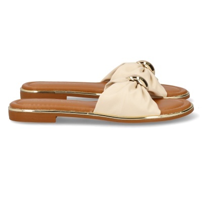 Sandálias rasas de mulher bege com aplicação dourada