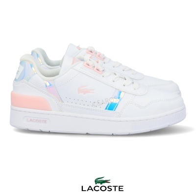 Ténis branco Lacoste com detalhes iridescentes e rosa claro