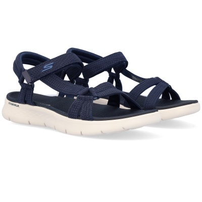 Sandálias desportivas azuis escuras com sola branca e marca Skechers