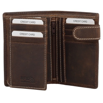 Carteira masculina de couro castanho com slots para cartões e fecho de aba.