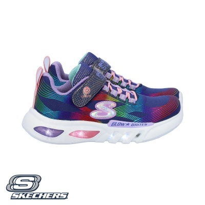 Sapatilhas infantiles Skechers Glow Brights multicoloridas com sola branca e detalhes luminosos