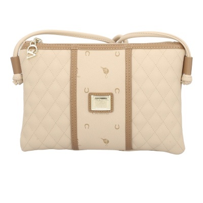 Mala de ombro bege com padrão acolchoado e detalhes castanhos