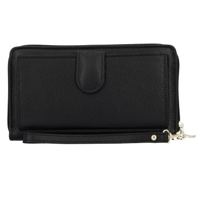 Carteira preta em material texturizado com fecho por aba e alça de pulso.