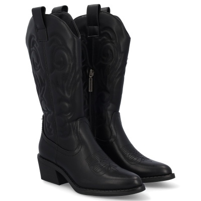 Botas cowboy pretas em pele com bordados decorativos e salto quadrado
