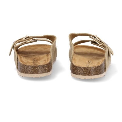 Sandálias castanhas em camurça com sola de cortiça vistas de trás.