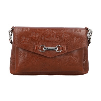 mala castanha em couro com padrão de cavalos e fecho com logótipo Cavalinho