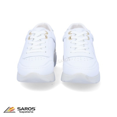 Sapatilhas brancas com atacadores e sola branca, logótipo SAROS Sapataria