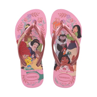 Chinelos de dedo rosa com personagens Disney e logo havainas nas tiras