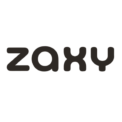 Logotipo preto da marca 'zaxy' em fundo branco