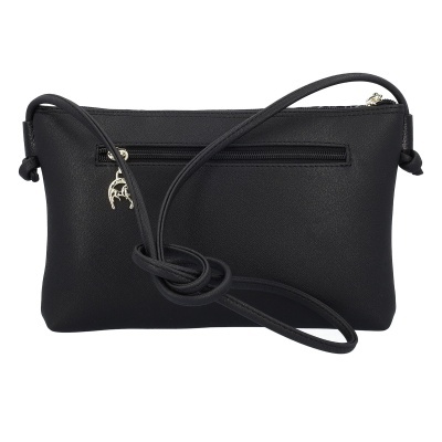 Bolsa preta tipo carteiro em material sintético com fechos e cordão