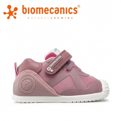 Ténis infantil rosa com sola branca e fecho de velcro biomecanics