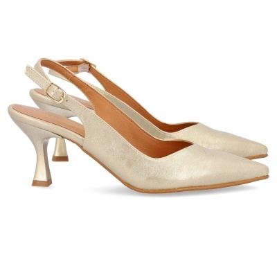 Sapatos femininos dourados de salto médio com correia slingback e ponta fina