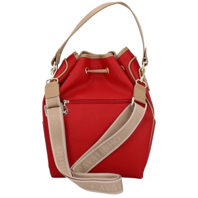 Mala tipo saco vermelha com alças e acabamento bege