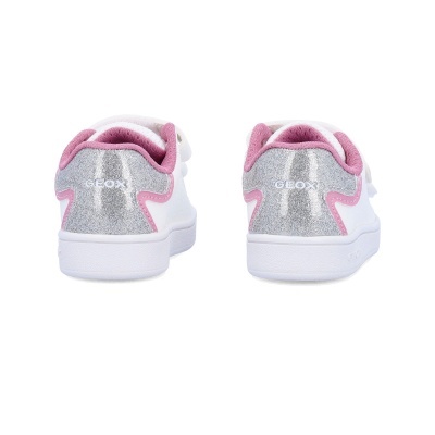 Sapatos desportivos Geox branco prateado e rosa vistos de trás