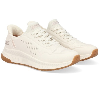Sapatilhas Skechers bege claro com sola castanha e design em malha perfurada