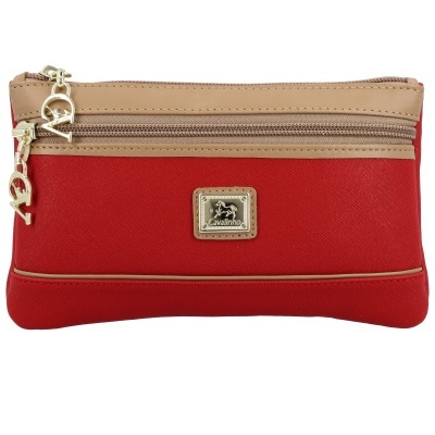 Carteira vermelha e bege com fecho e placa Cavalinho metálica dourada