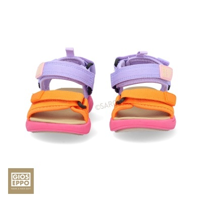 Sandálias coloridas para criança com tiras lilás e laranja