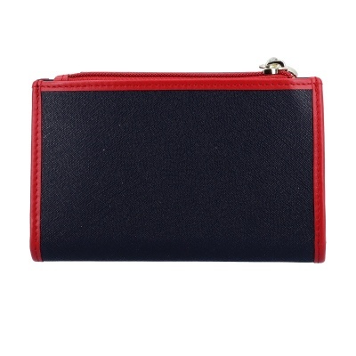 Carteira preta com bordas e fecho vermelhos.