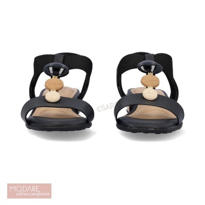 Sandálias pretas Modare ultraconforto com enfeites redondos bege e castanho
