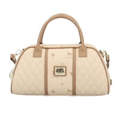 Mala de mão bege com detalhes castanhos e aplique dourado com cavalo.