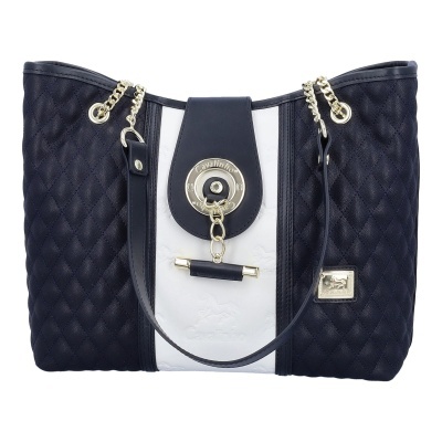 Mala de mão azul escuro e branca com detalhes dourados e padrão matelassé