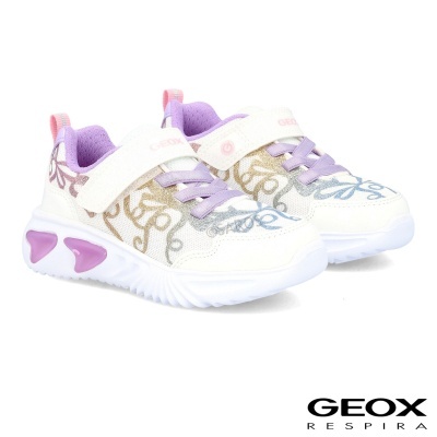 Sapatilhas infantis Geox brancas com detalhes lilás, rosa e dourado, velcro e sola destacada
