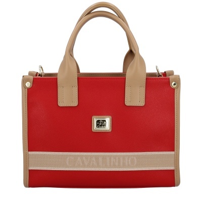 Mala de mão vermelha com detalhes em bege e logo Cavalinho