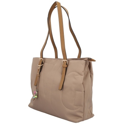 Mala de mão bege em pele sintética com alças castanhas e detalhe colorido