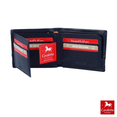 Carteira preta de pele aberta com etiquetas vermelhas Cavalinho e ranhuras para cartões