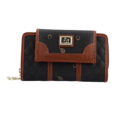 Carteira preta com detalhes em pele castanha e placa metálica Cavalinho