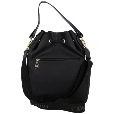 Mala saco preta com alça larga e detalhes dourados