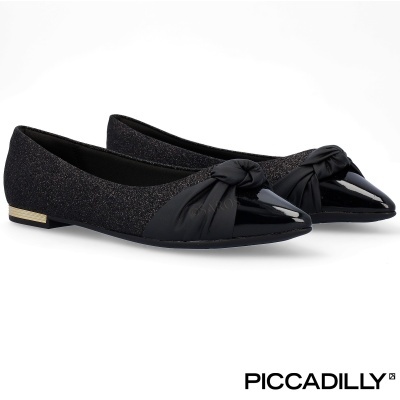 Sapatilhas femininas pretas brilhantes com bico verniz e nó frontal, marca PICCADILLY
