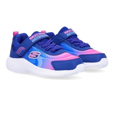 Ténis infantis Skechers azul, rosa e roxo com sola branca