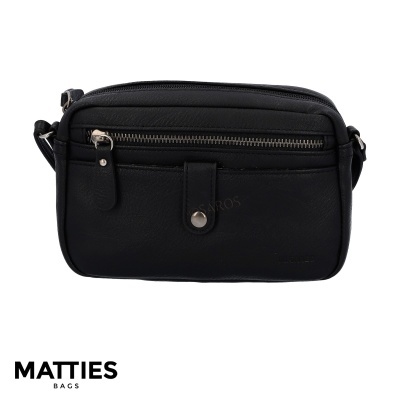 Mala preta rectangular da Matties Bags com fecho de correr frontal e botão pressiona
