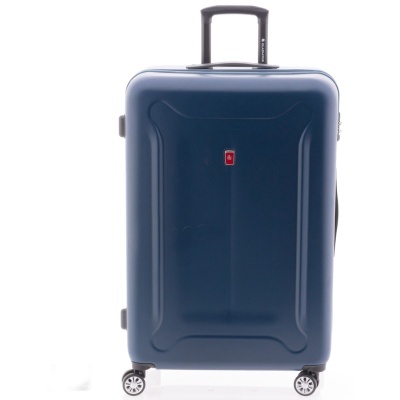 Mala rígida azul escura com rodas e pega extensível preta