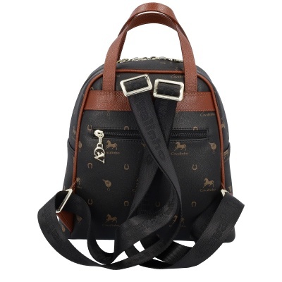 Mochila pequena preta com padrão e alças pretas e castanhas