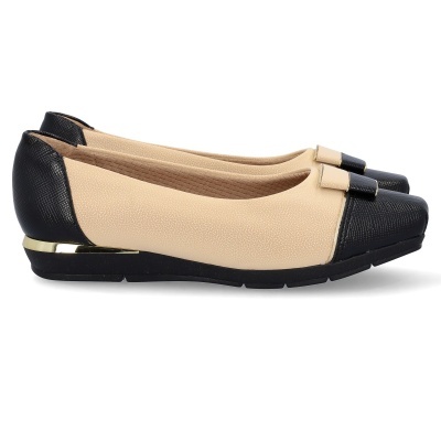Sapatilhas femininas bicolores bege e preto com laço e detalhe dourado no salto