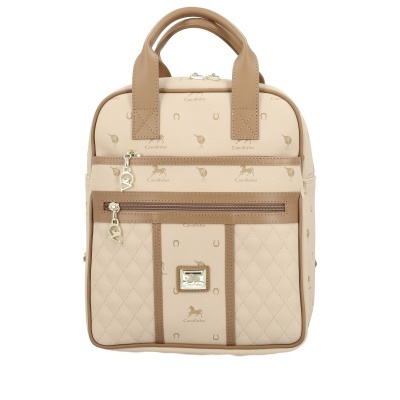 Mochila pequena bege e castanha com padrão de cavalos e ferraduras