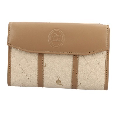 Carteira bege com aba castanha e padrão matelassé