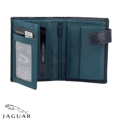 Carteira azul petróleo com fecho de pressão azul escuro, aberta mostrando compartimentos e cartões