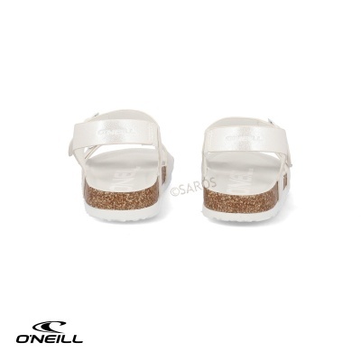 Sandálias brancas O'Neill com sola de cortiça vistas de trás