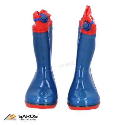 Botas de borracha azuis com detalhes vermelhos, fecho ajustável e logo SAROS