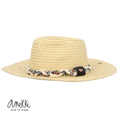 Chapéu de palha bege com cordão trançado colorido e logo Anekke