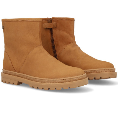 Botas camel de couro com sola de borracha e fecho lateral